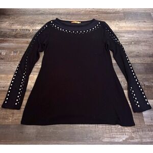 Beldini Black Mesh Studded Pullover Top Scoop Neck Long Sleeve Women M